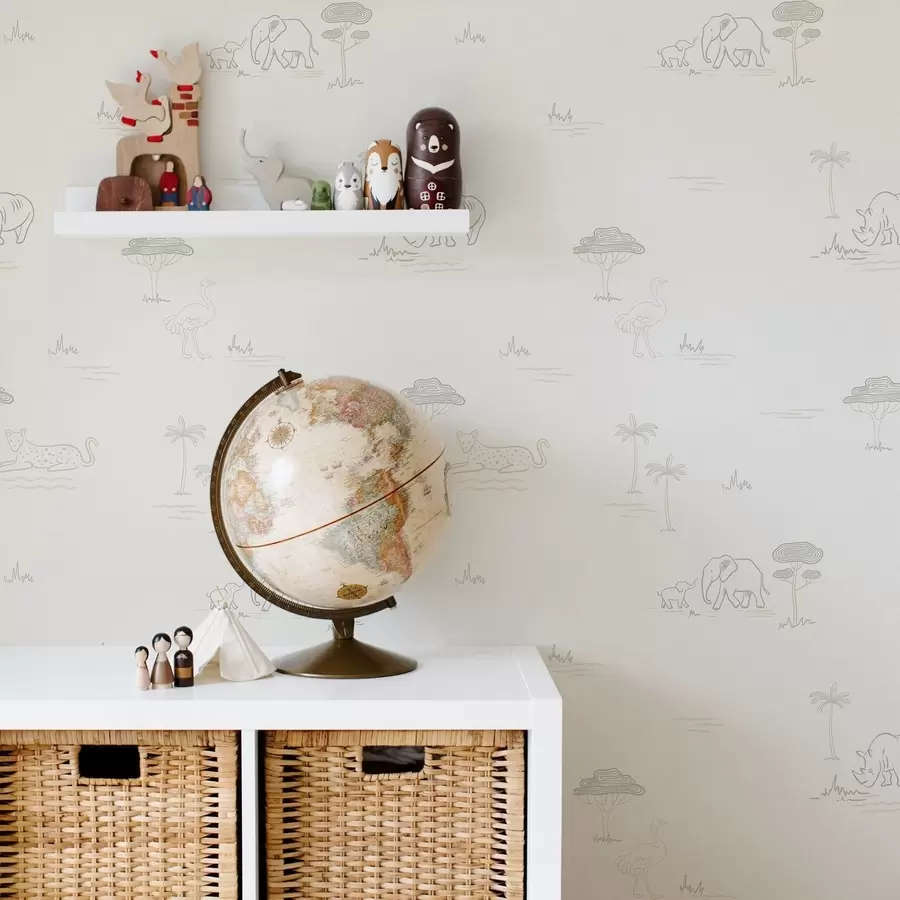 carta da parati Safari minimalista: elefanti, rinoceronti, leopardi e palme nr. a00492