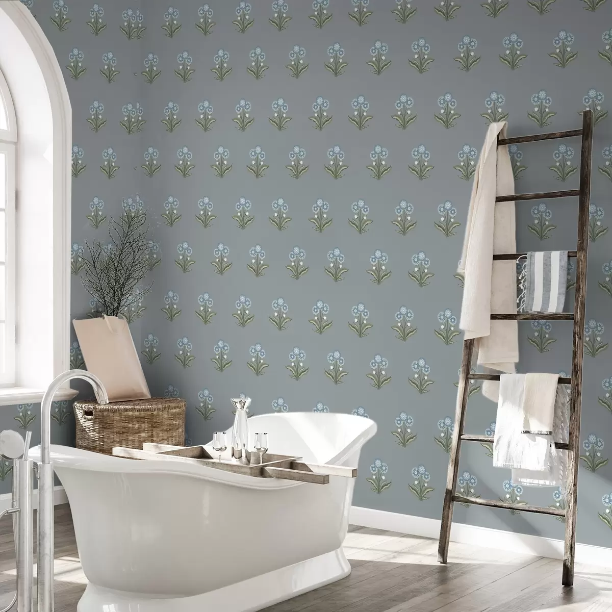 Carta da parati Fiori stilizzati su sfondo grigio-blu, palette fredda a00494v1