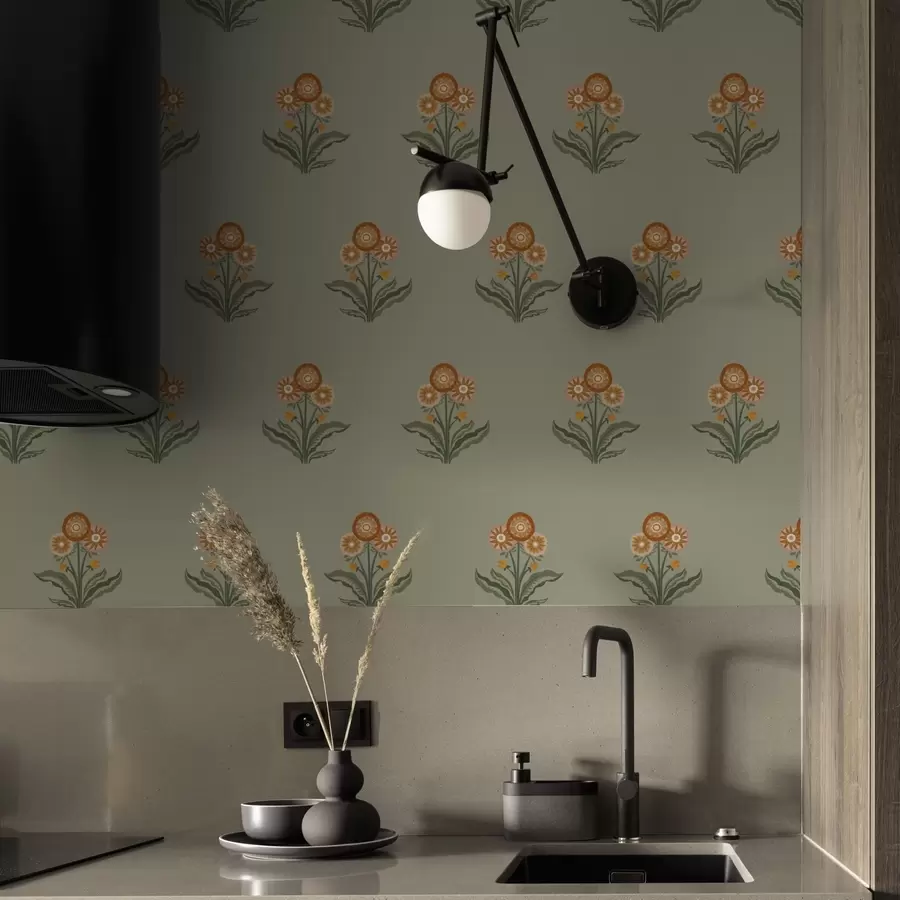 carta da parati Fiori stilizzati su sfondo oliva, toni caldi nr. a00494v2
