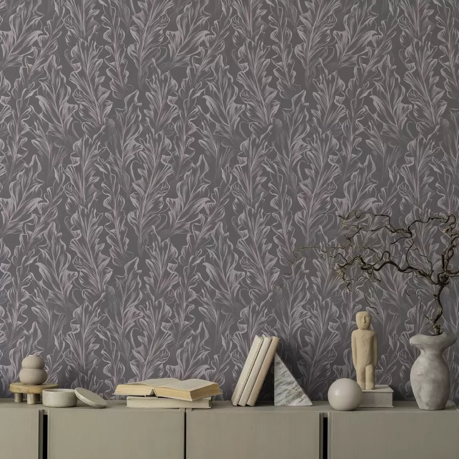 carta da parati Onde fluenti di foglie su sfondo grafite, alto contrasto nr. a00495v1