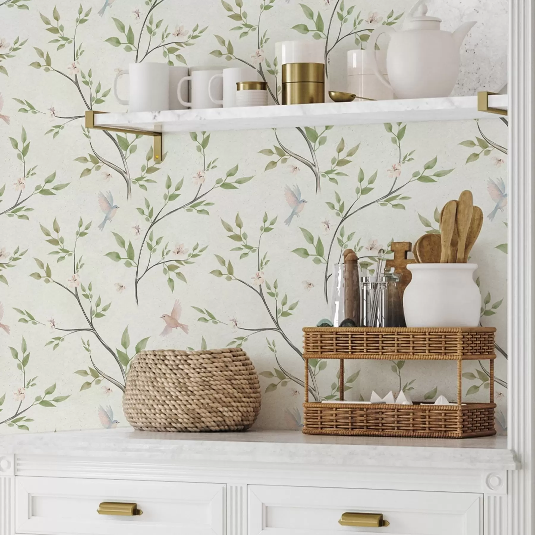 carta da parati Rami acquerellati con foglie e uccelli su sfondo chiaro nr. a00496