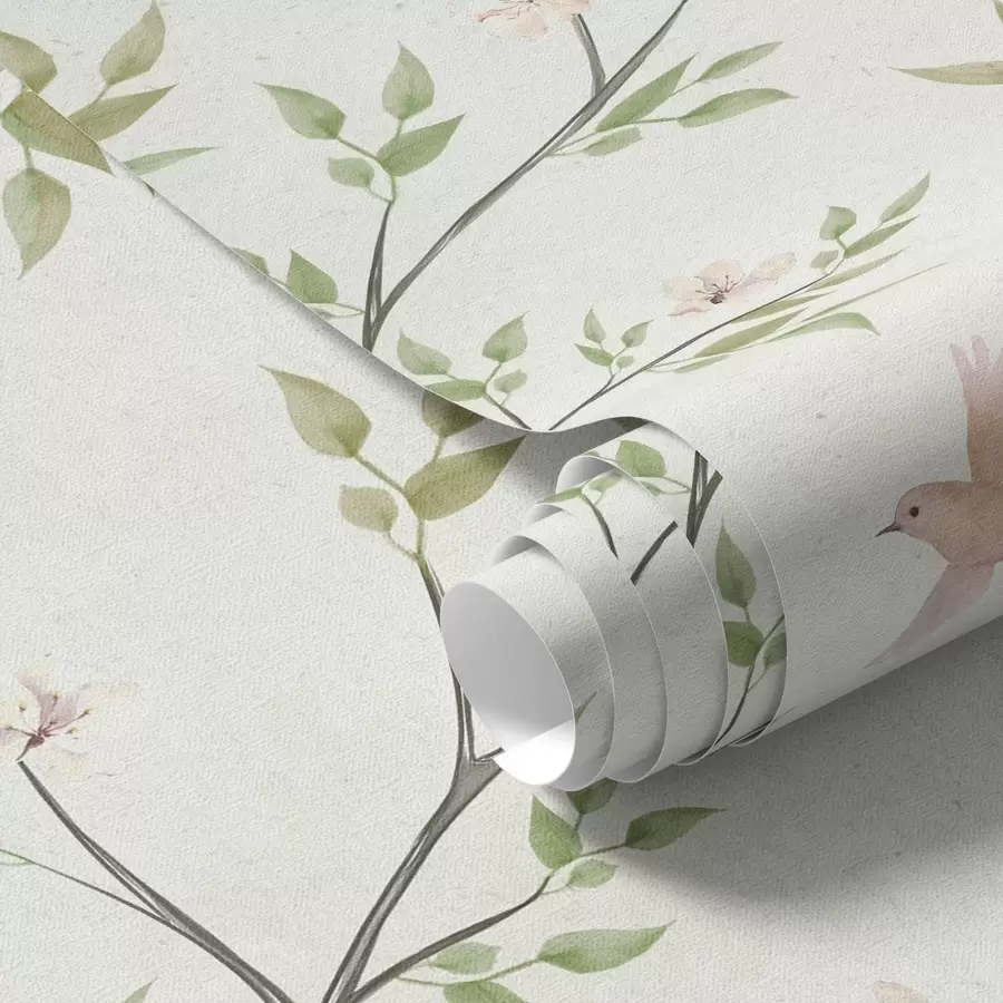 carta da parati Rami acquerellati con foglie e uccelli su sfondo chiaro nr. a00496