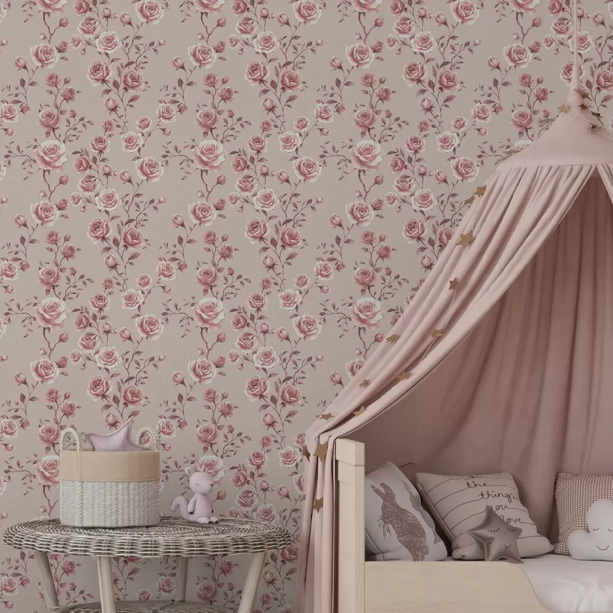 Carta da parati Rose cipria su sfondo beige — motivo vintage a00497