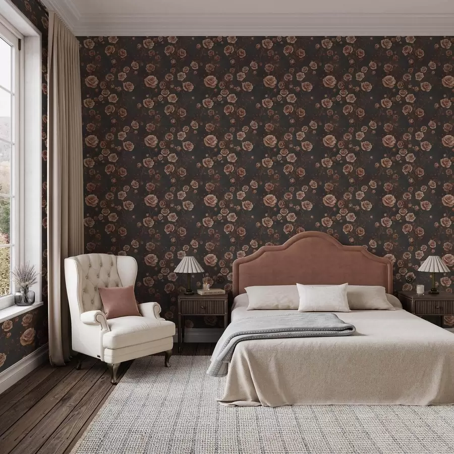 carta da parati Rose vintage su sfondo grafite, palette terracotta nr. a00497v1