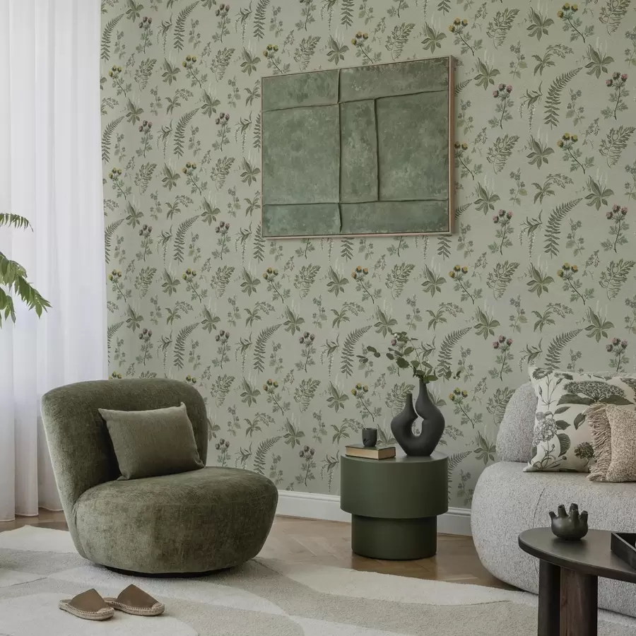 carta da parati Erbe botaniche e felci su sfondo grigio-verde chiaro nr. a00498