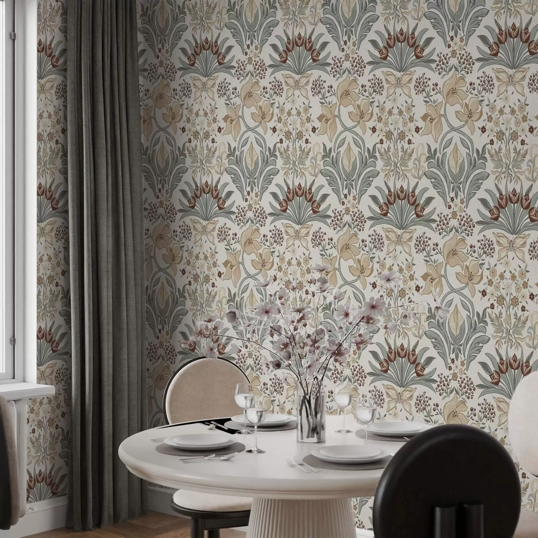 carta da parati Gigli decorativi e una farfalla su sfondo color crema nr. a00500