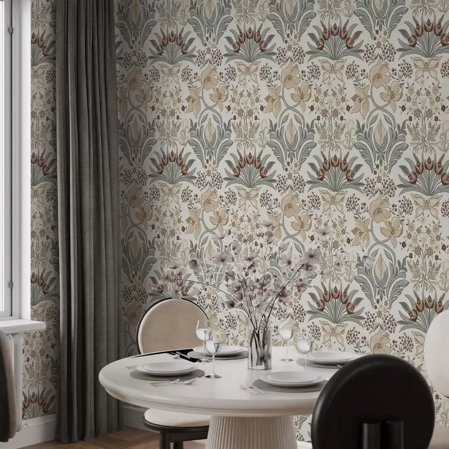 carta da parati Gigli decorativi e una farfalla su sfondo color crema nr. a00500