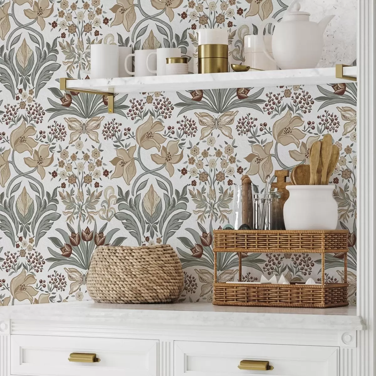 Carta da parati Gigli decorativi e una farfalla su sfondo bianco a00500v1