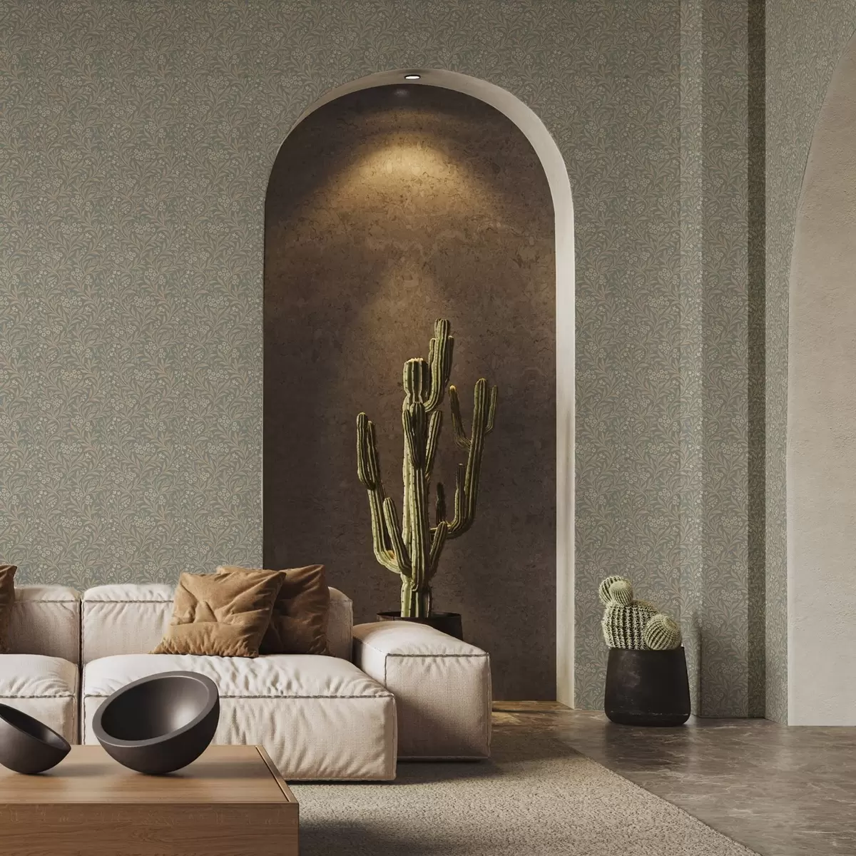 Carta da parati Stile Morris: rami beige su sfondo grigio-verde a00569