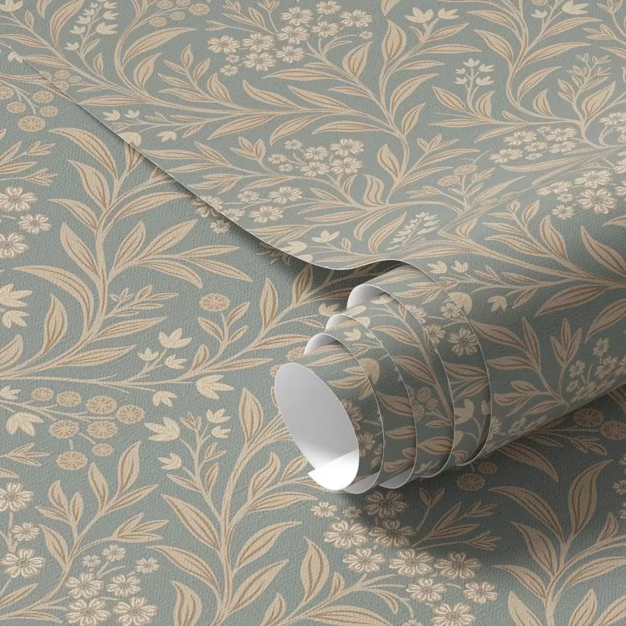 carta da parati Stile Morris: rami beige su sfondo grigio-verde nr. a00569