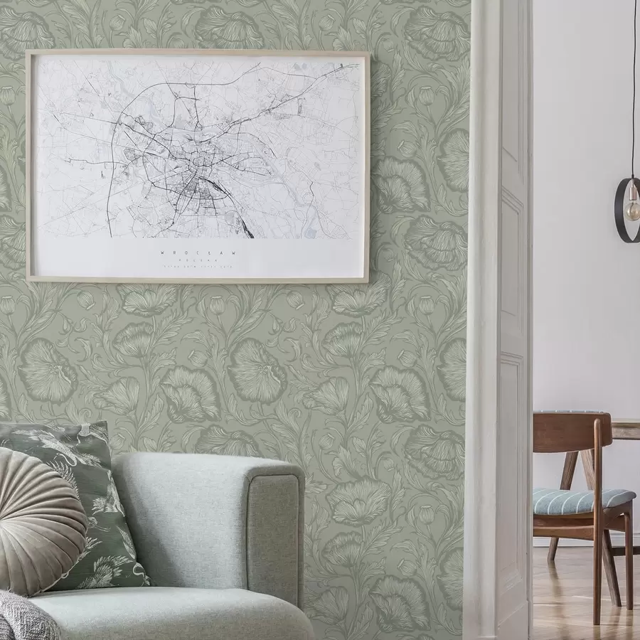 carta da parati Papaveri disegnati su sfondo grigio-verde nr. a00572v1