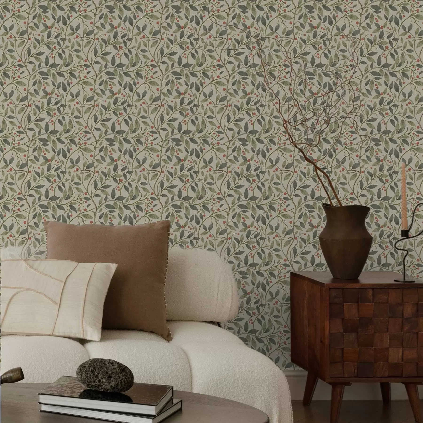 carta da parati Rami di ulivo con bacche su uno sfondo chiaro e caldo nr. a00573