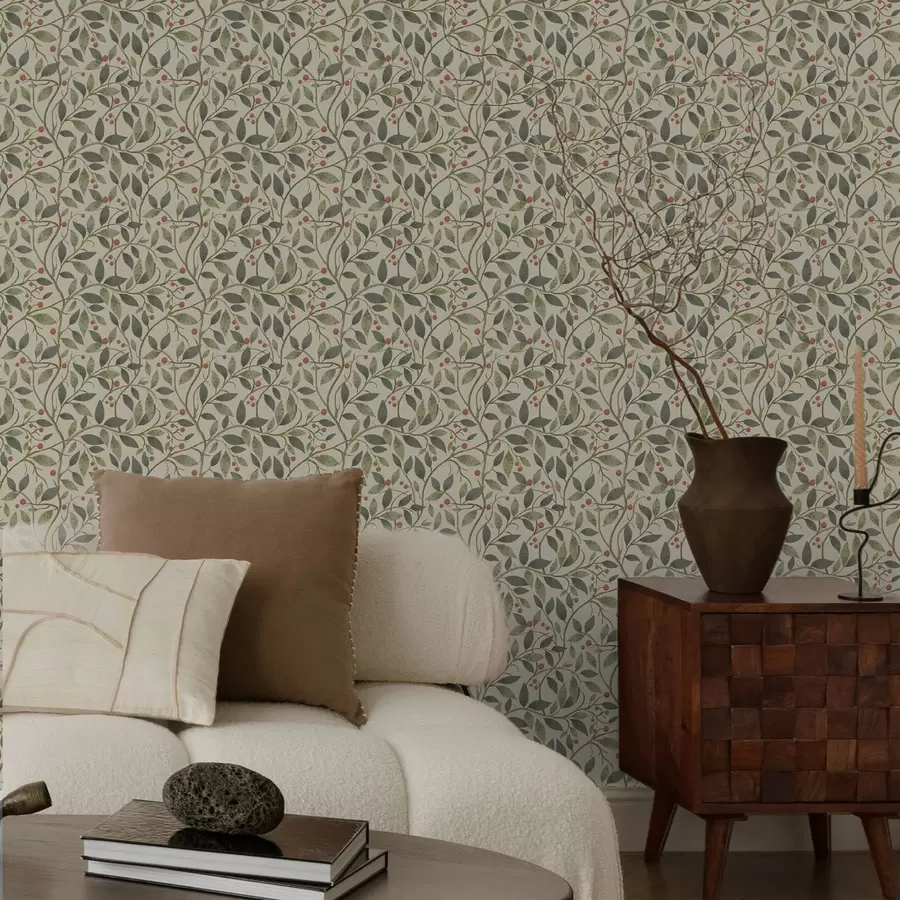 carta da parati Rami di ulivo con bacche su uno sfondo chiaro e caldo nr. a00573