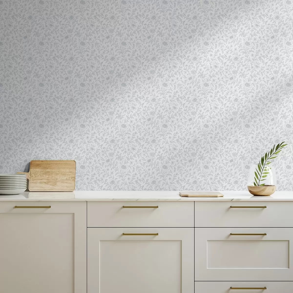 Carta da parati Fiori blu finemente disegnati su sfondo bianco sporco a00576