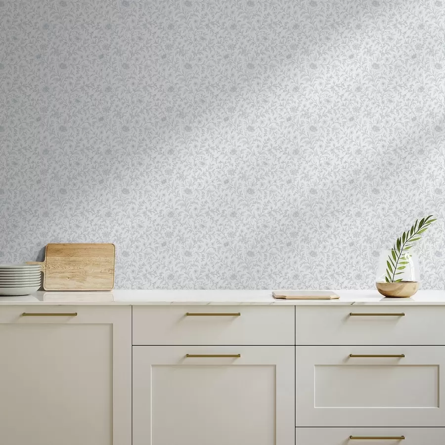 carta da parati Fiori blu finemente disegnati su sfondo bianco sporco nr. a00576