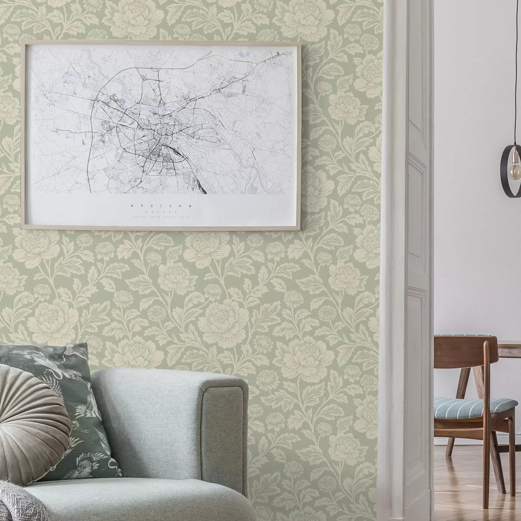 carta da parati Grandi peonie disegnate su sfondo color salvia nr. a00582