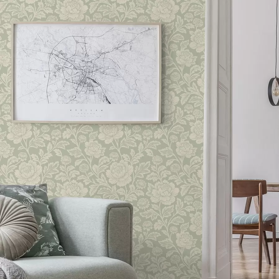 carta da parati Grandi peonie disegnate su sfondo color salvia nr. a00582