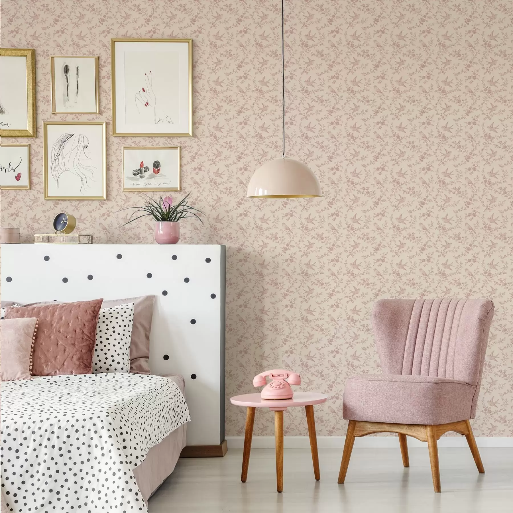 carta da parati Uccelli e rose, motivo vintage su rosa cipria nr. a00587