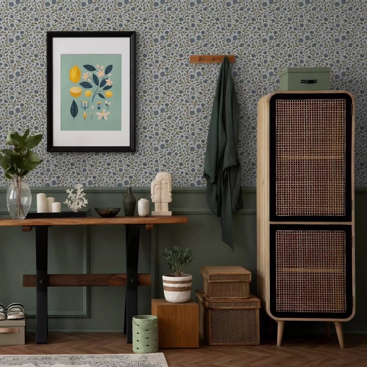 Carta da parati Fiordalisi e germogli su sfondo bianco a00588v1