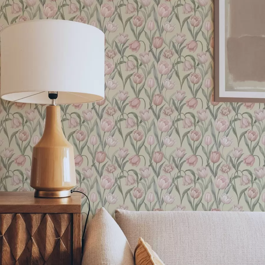 carta da parati Tulipani rosa tenue su un delicato sfondo beige nr. a00589