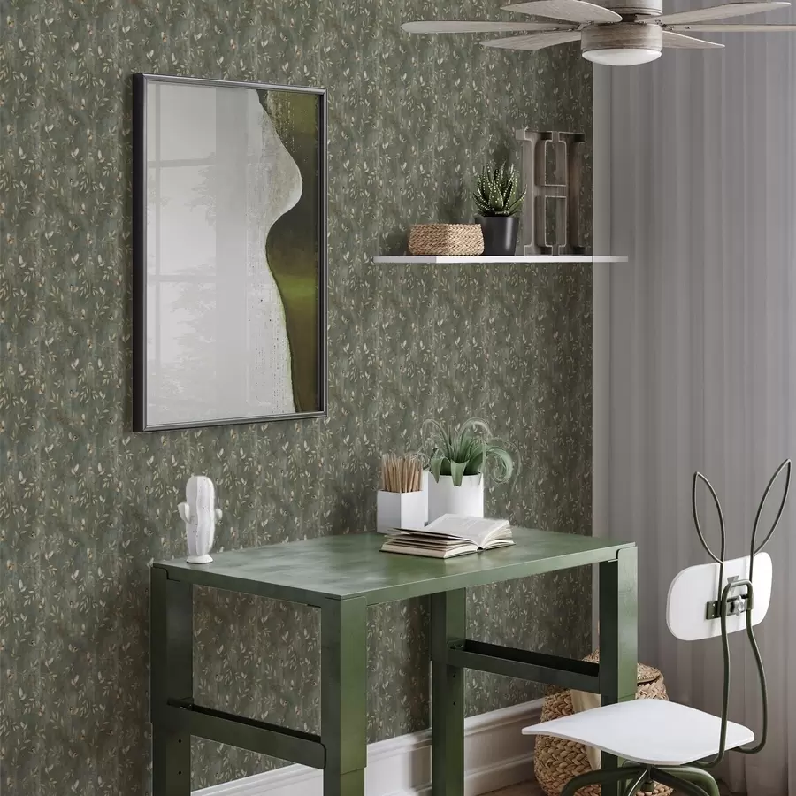 carta da parati Uccelli tra foglie arancioni su sfondo verde intenso nr. a00591