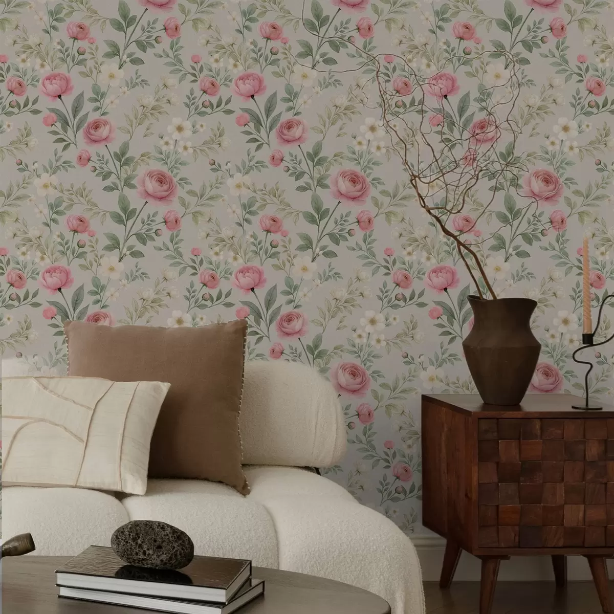 Carta da parati Peonie acquerellate e fiori bianchi su sfondo grigio-beige a00592