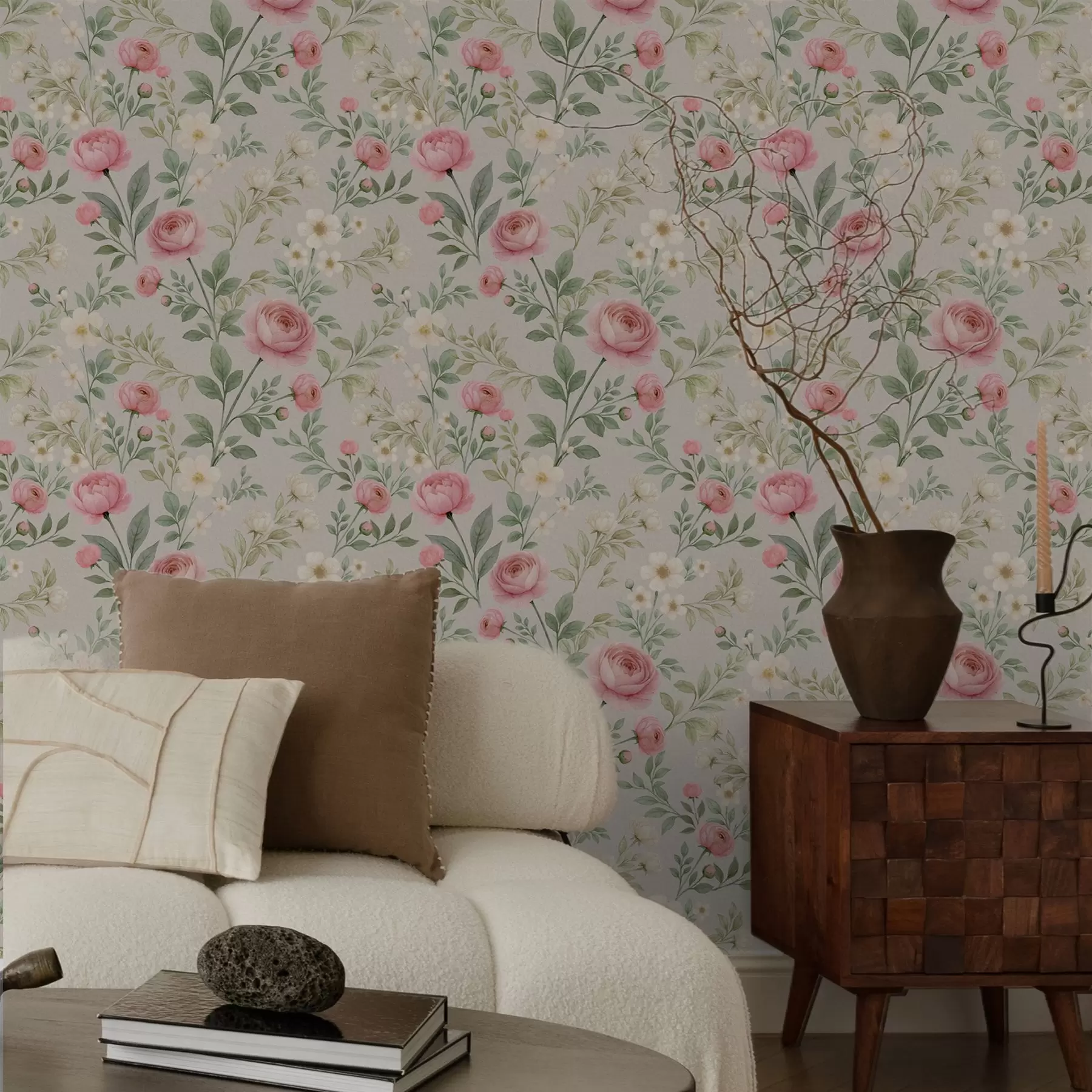 carta da parati Peonie acquerellate e fiori bianchi su sfondo grigio-beige nr. a00592