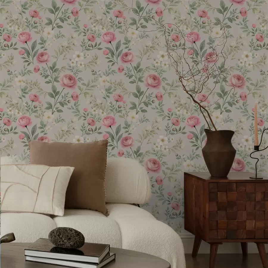 carta da parati Peonie acquerellate e fiori bianchi su sfondo grigio-beige nr. a00592