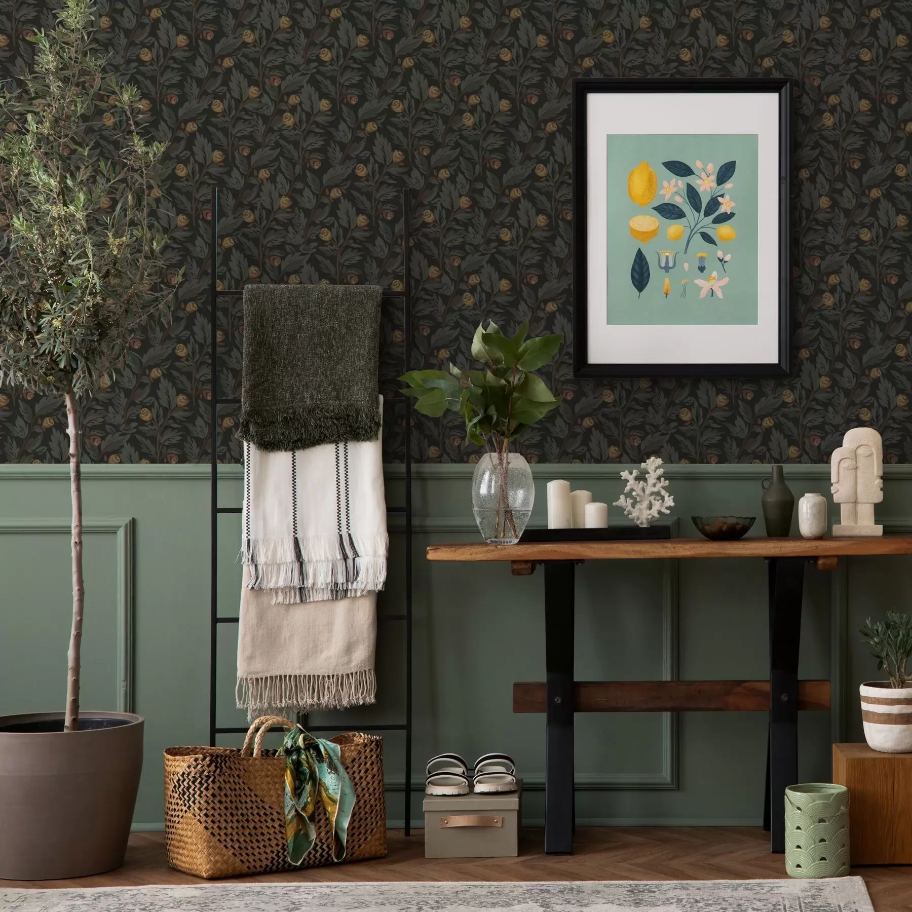 carta da parati Motivo floreale scuro con boccioli e foglie gialli nr. a00598