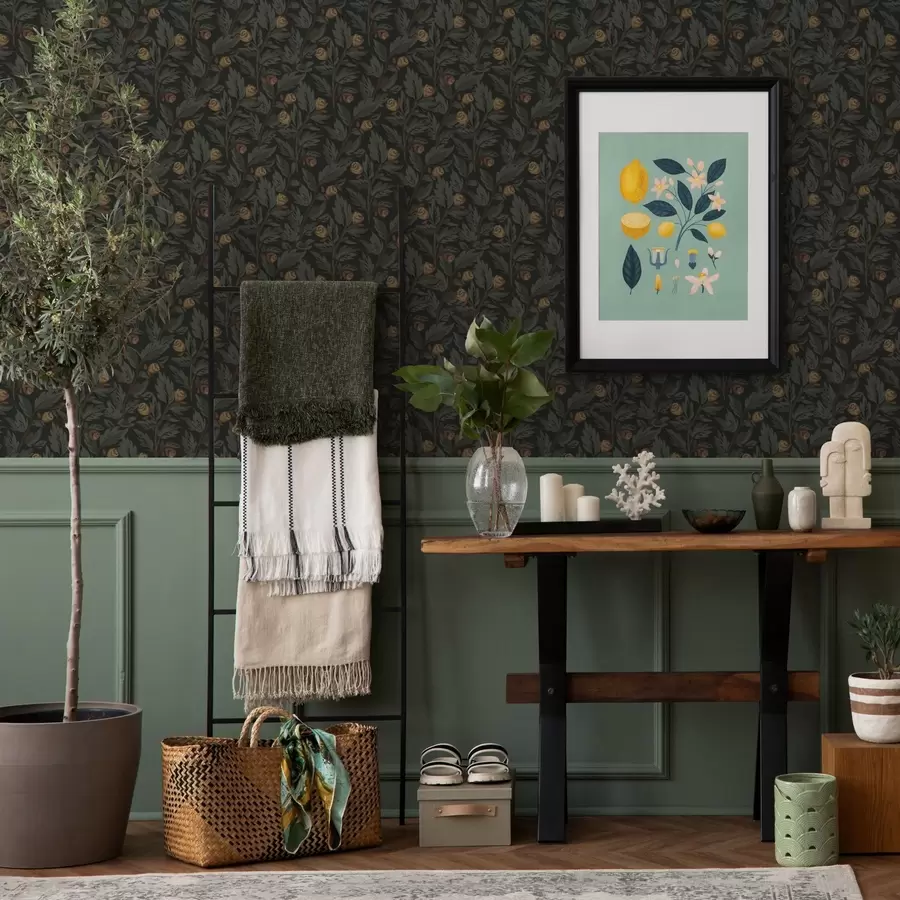 carta da parati Motivo floreale scuro con boccioli e foglie gialli nr. a00598