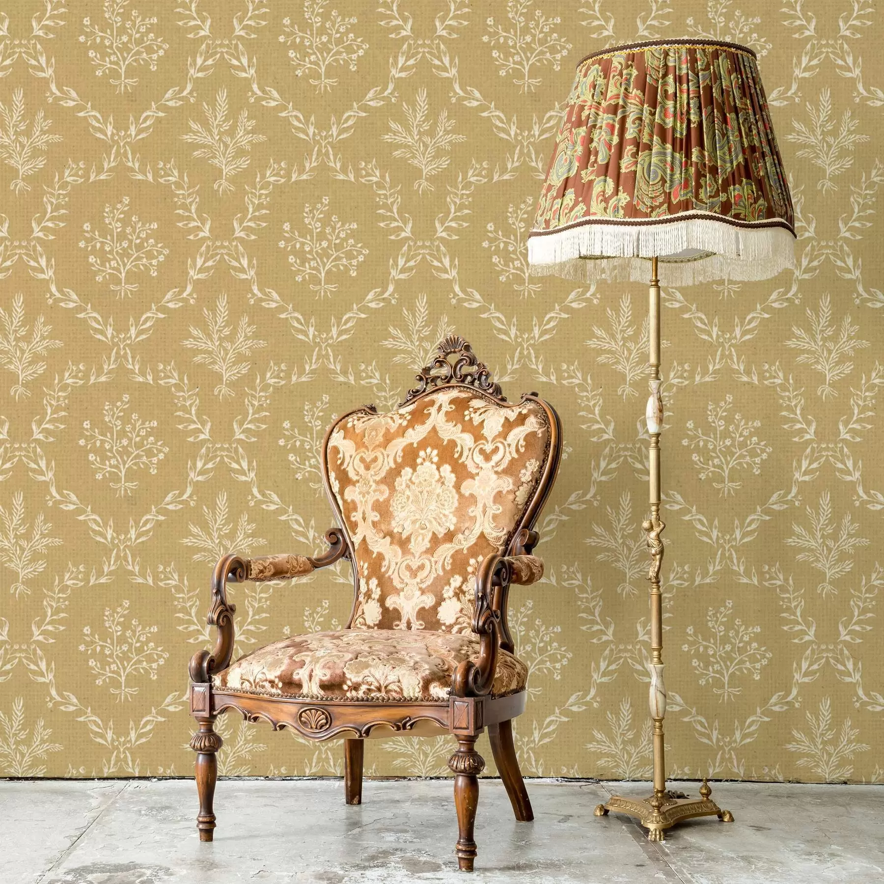 carta da parati Ghirlande bianche di erbe e fiori su sfondo senape nr. a00599