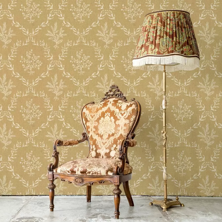 carta da parati Ghirlande bianche di erbe e fiori su sfondo senape nr. a00599