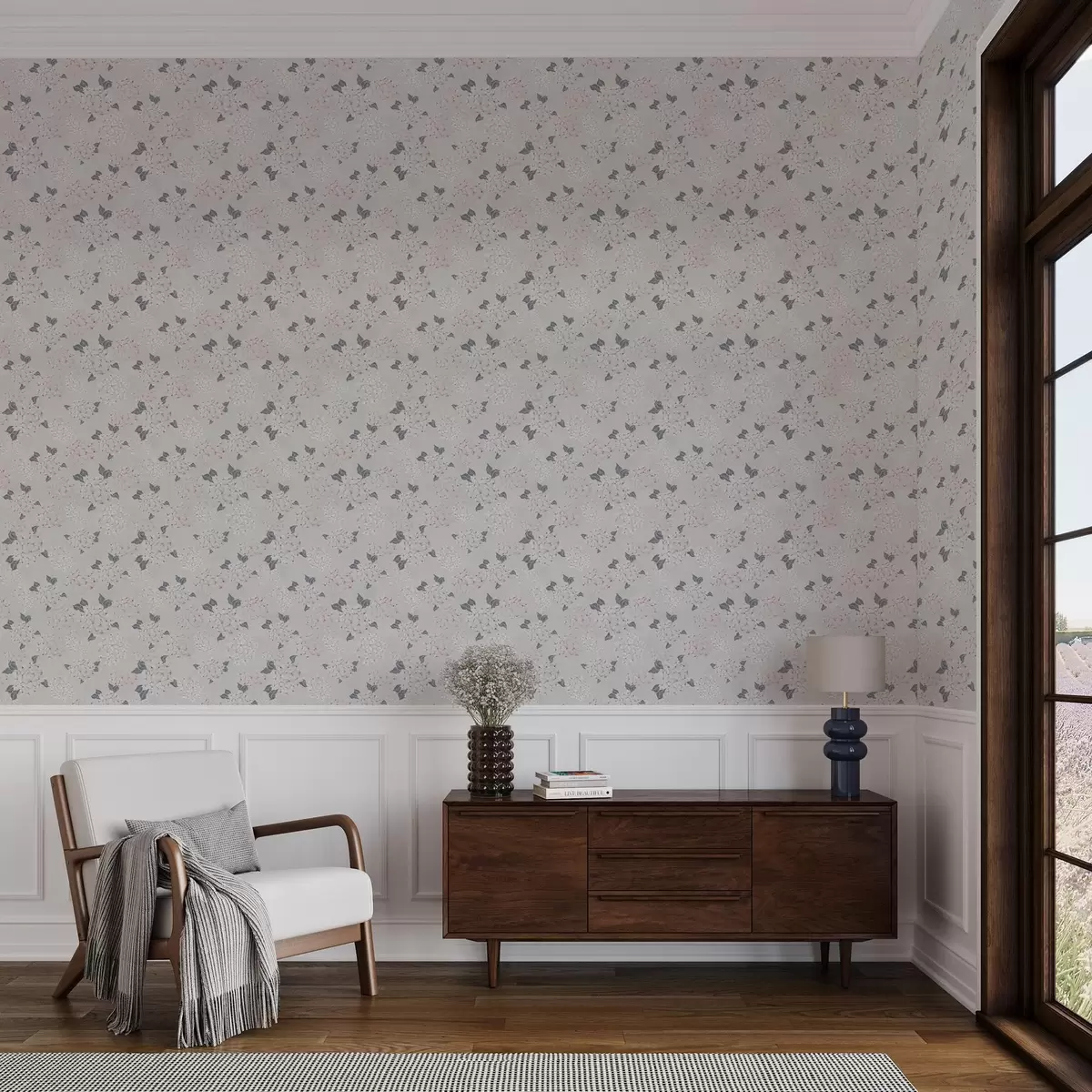 Carta da parati Fiori ariosi su uno sfondo chiaro, morbide tonalità rosa-grigio a00600