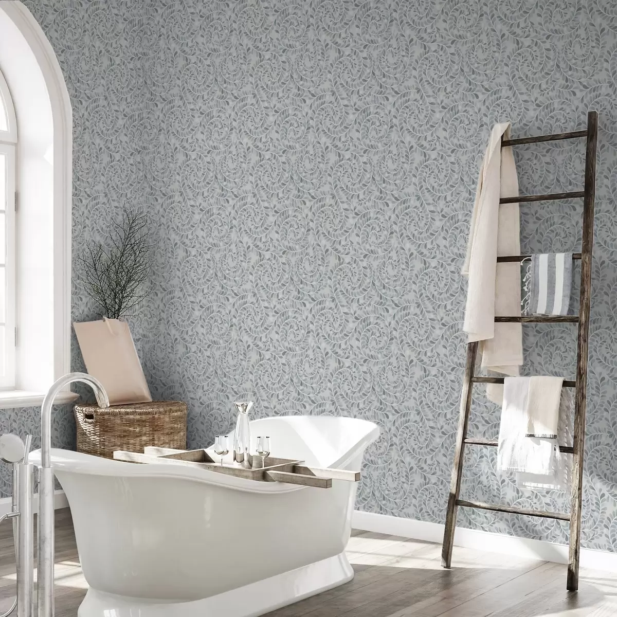 Carta da parati Foglie a spirale in una palette di colori blu-grigio-verde a00602