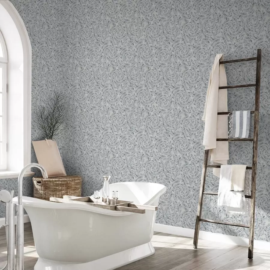 carta da parati Foglie a spirale in una palette di colori blu-grigio-verde nr. a00602