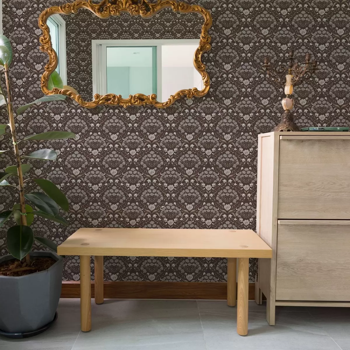 Carta da parati Cioccolato fondente damascato con peonie e bucaneve a00603v2