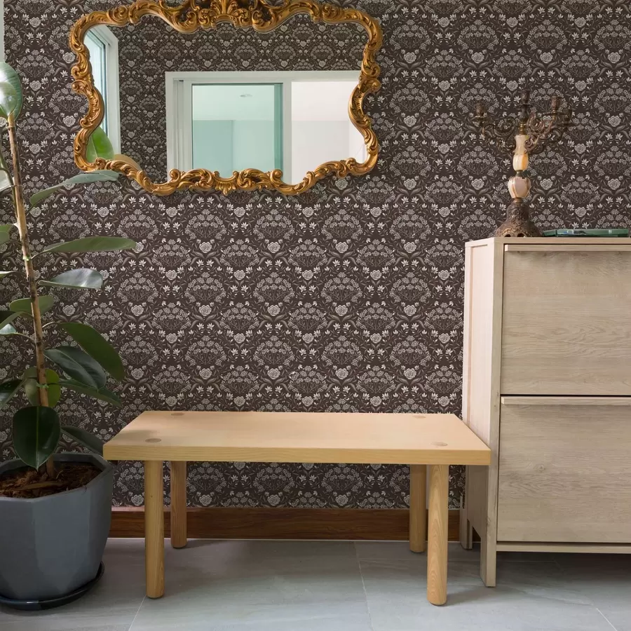 carta da parati Cioccolato fondente damascato con peonie e bucaneve nr. a00603v2