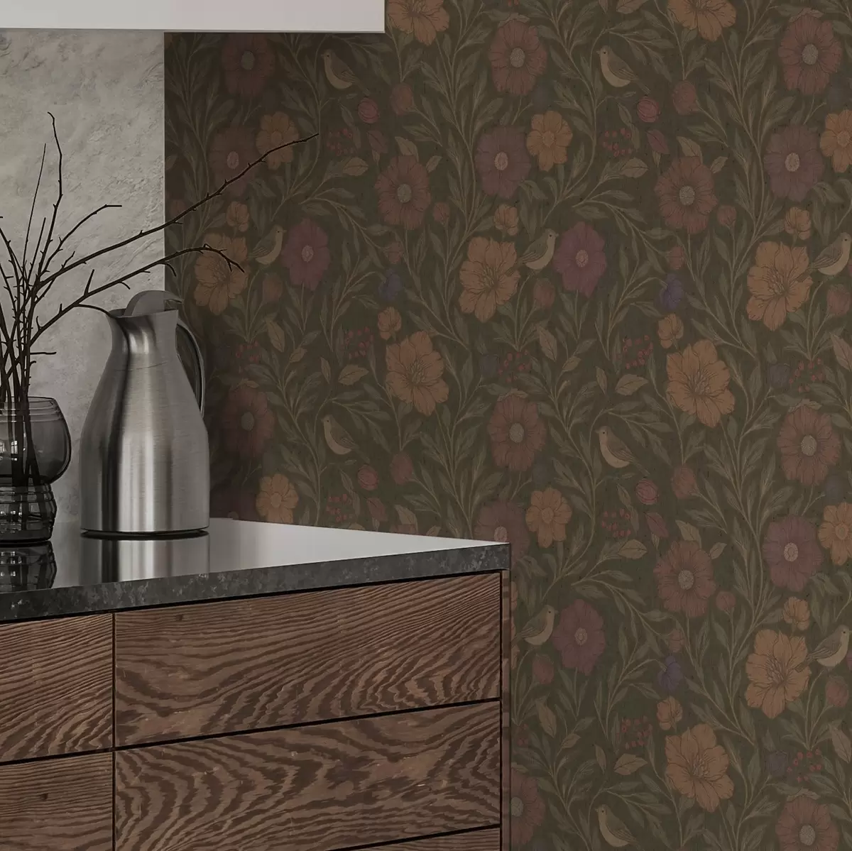 Carta da parati Fiori autunnali e uccelli su sfondo marrone oliva a00605