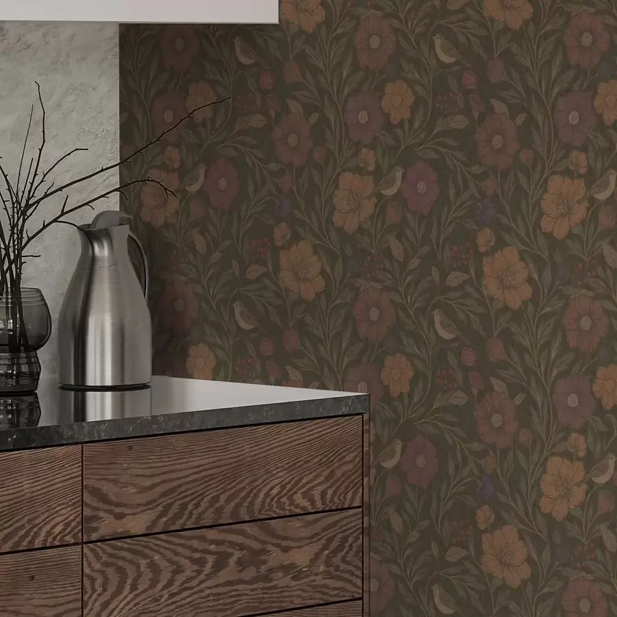 carta da parati Fiori autunnali e uccelli su sfondo marrone oliva nr. a00605