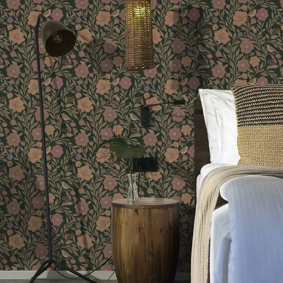 carta da parati Fiori autunnali e uccelli su sfondo verde smeraldo intenso nr. a00605v1