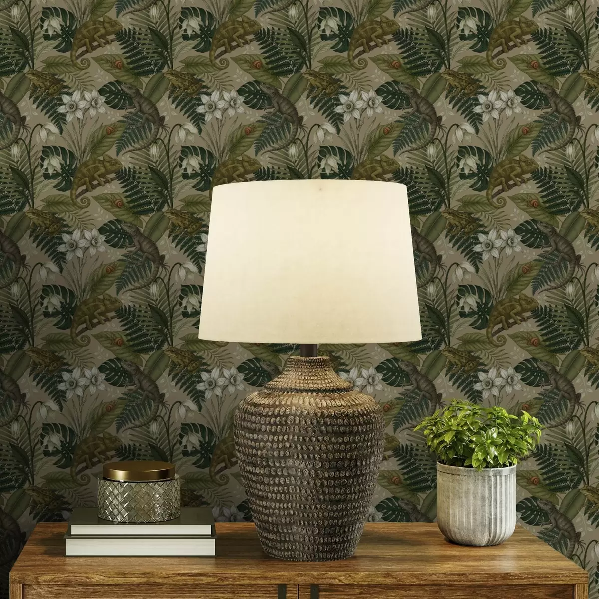 Carta da parati Camaleonti e foglie tropicali, fiori bianchi, sfondo beige a00608