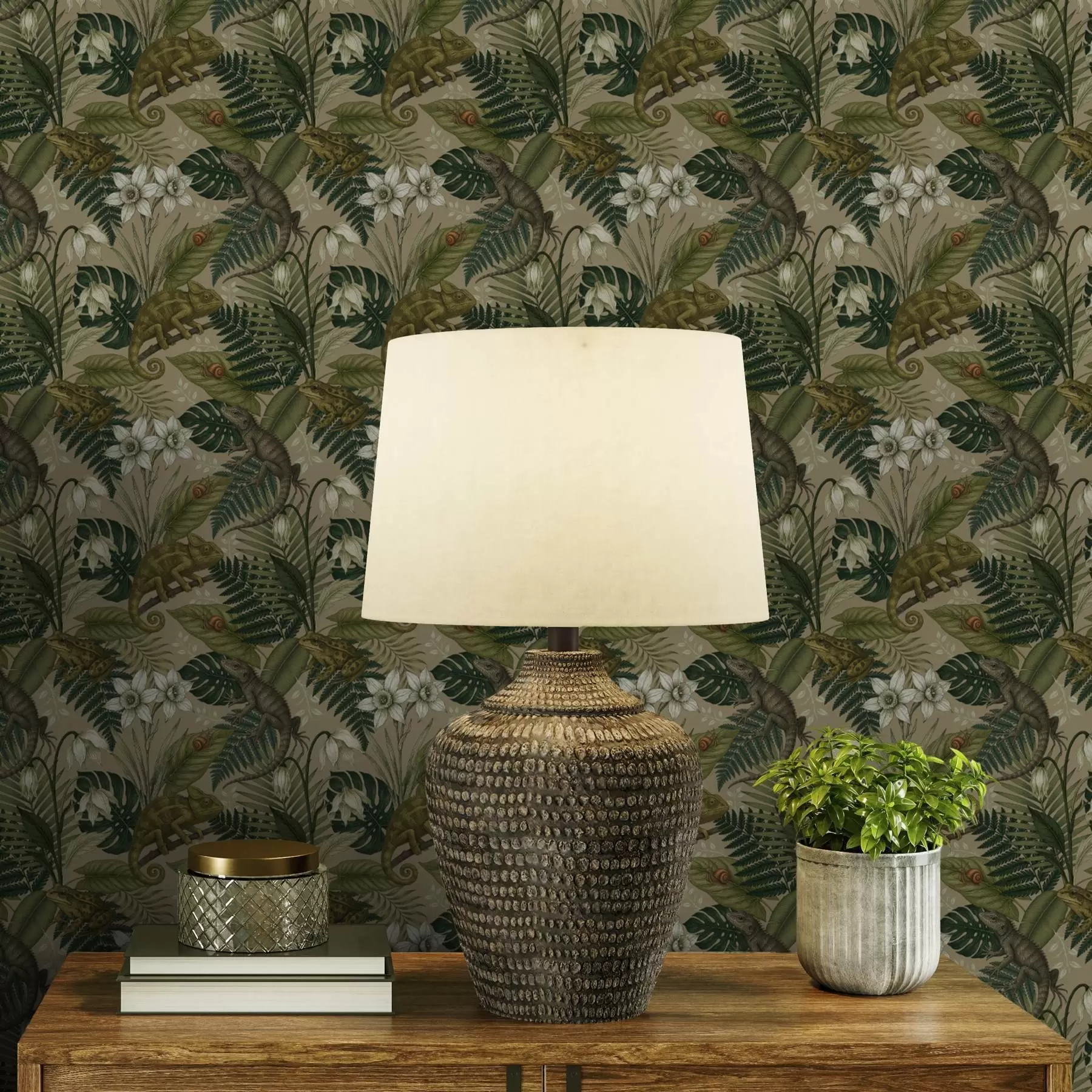 carta da parati Camaleonti e foglie tropicali, fiori bianchi, sfondo beige nr. a00608