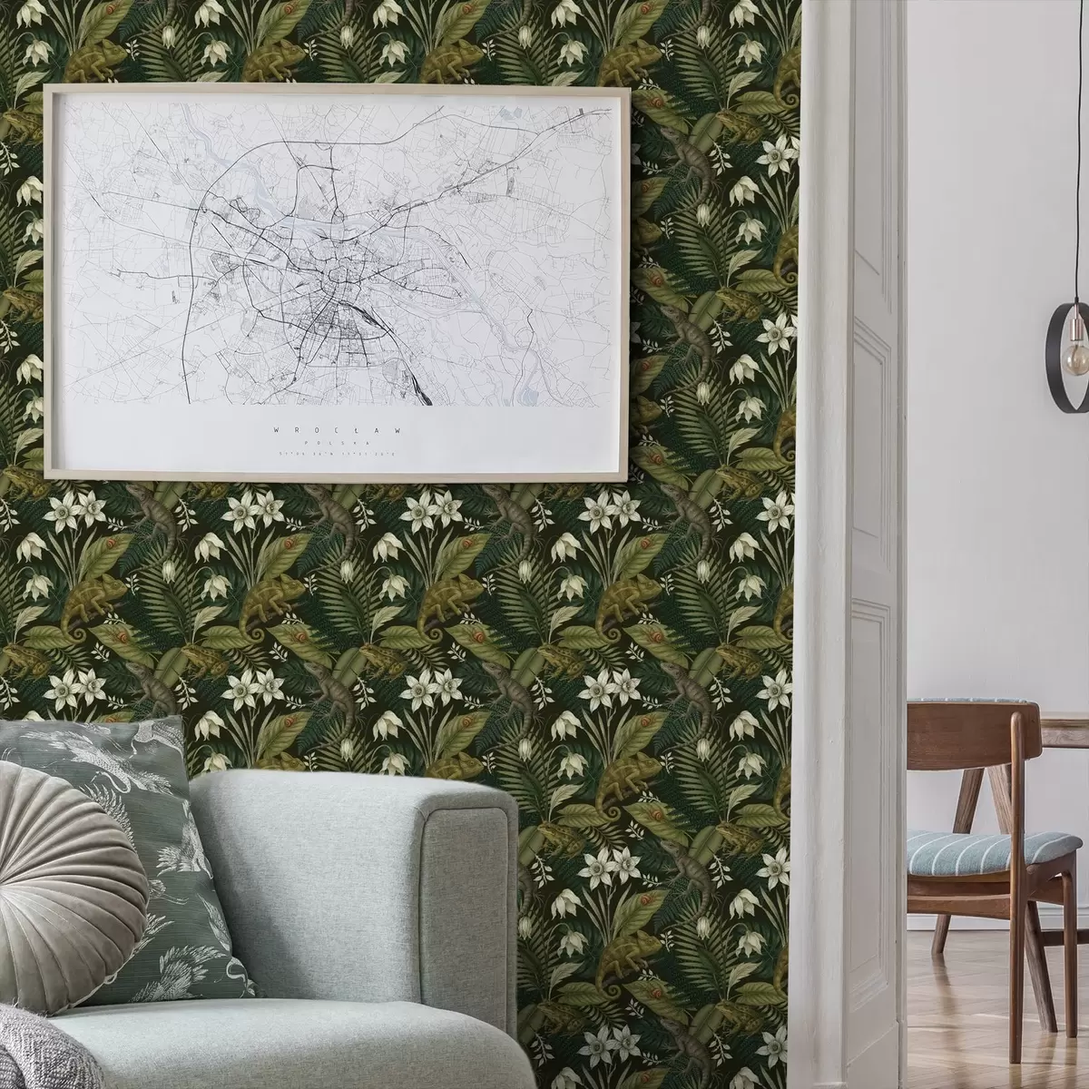 Carta da parati Camaleonti e foglie tropicali, fiori bianchi, sfondo scuro a00608v1