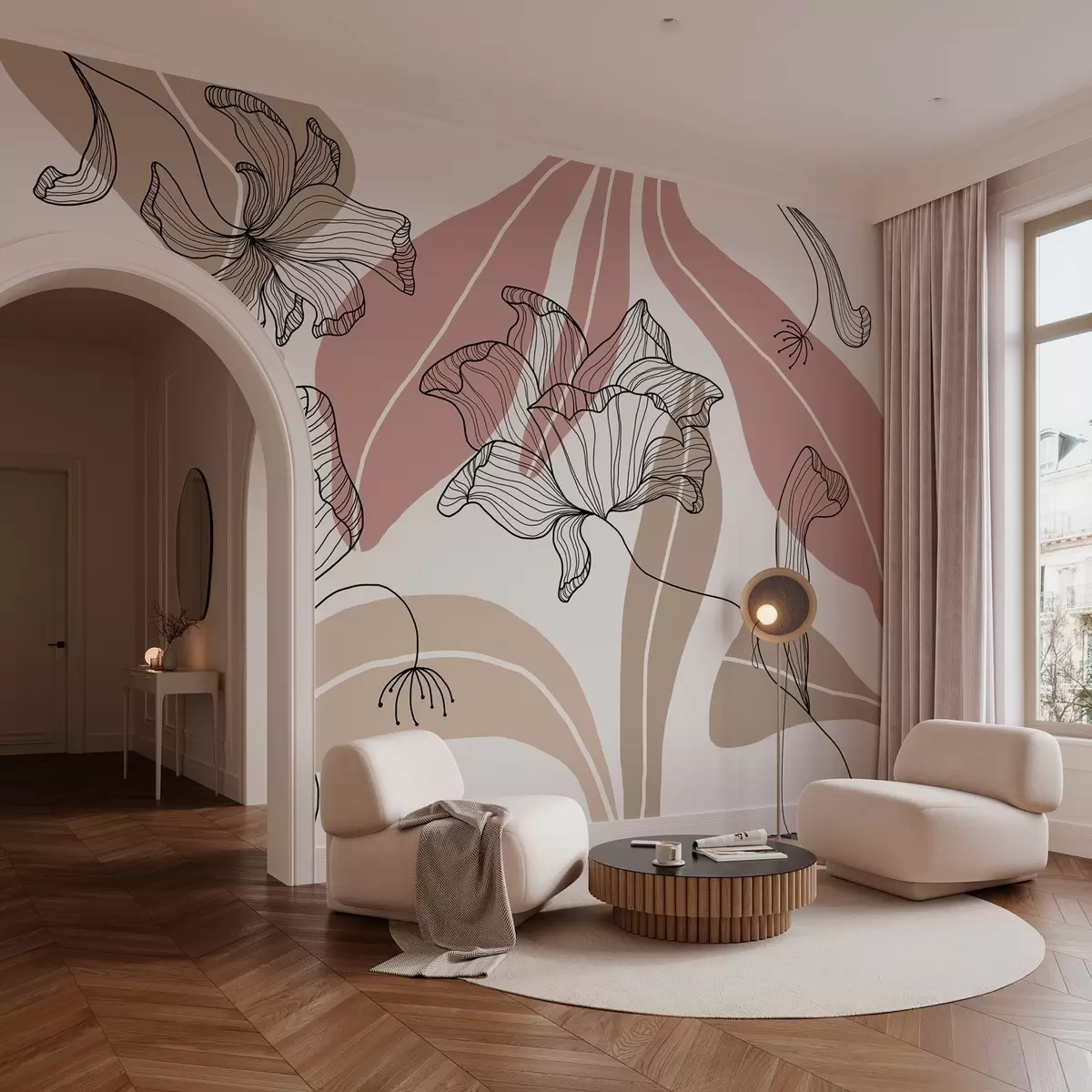 carta da parati foglie e fiori astratti nei toni del cipria e del beige nr. w04499