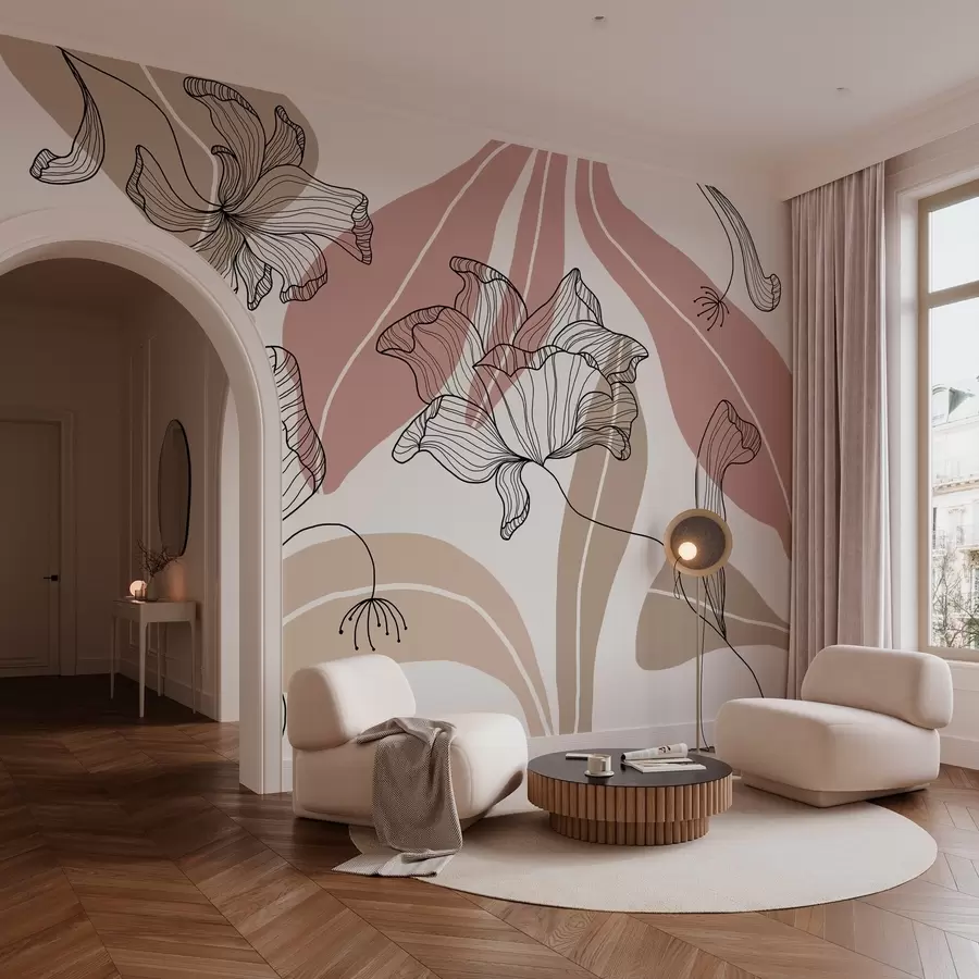 Carta da parati Floreale foglie e fiori astratti nei toni del cipria e del beige n. w04499