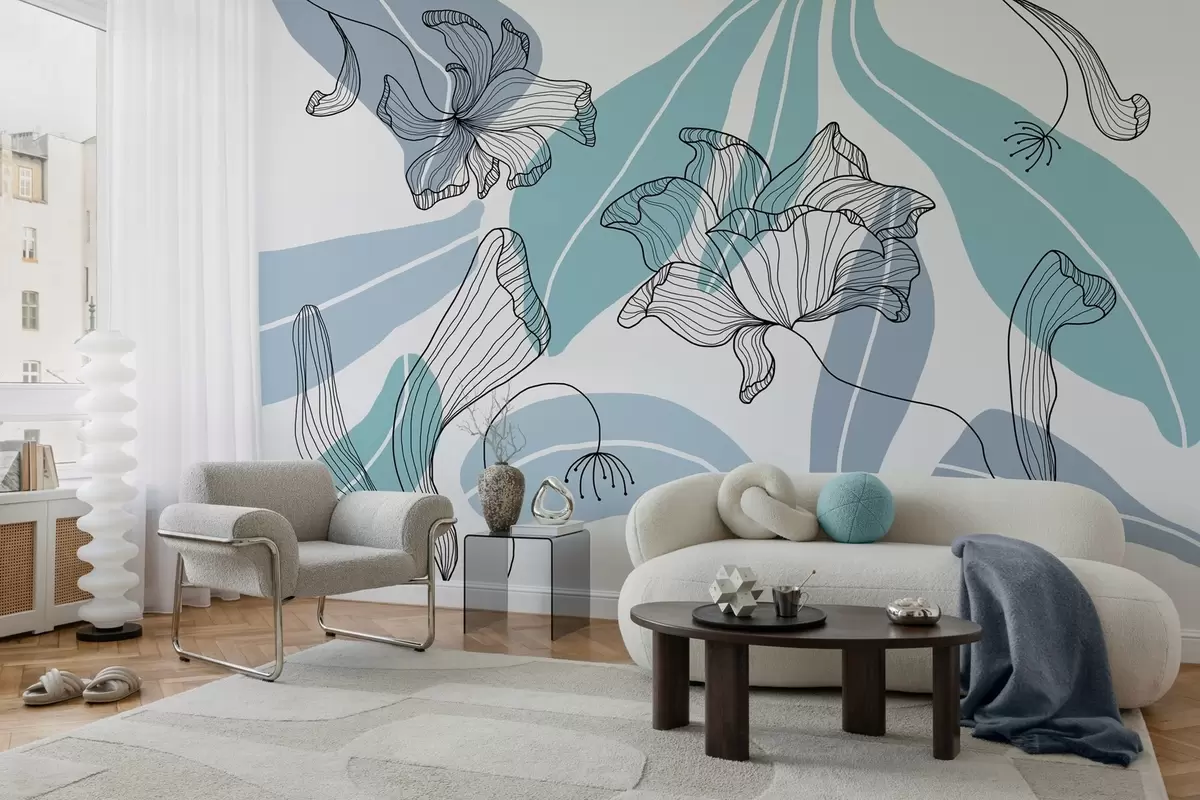 carta da parati foglie e fiori astratti nei toni del blu nr. w04499v2