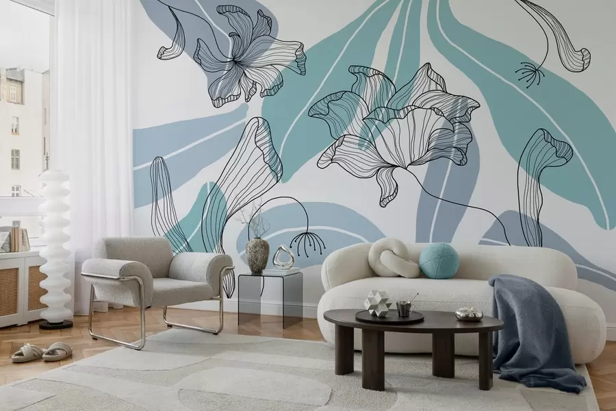 Carta da parati Floreale foglie e fiori astratti nei toni del blu n. w04499v2