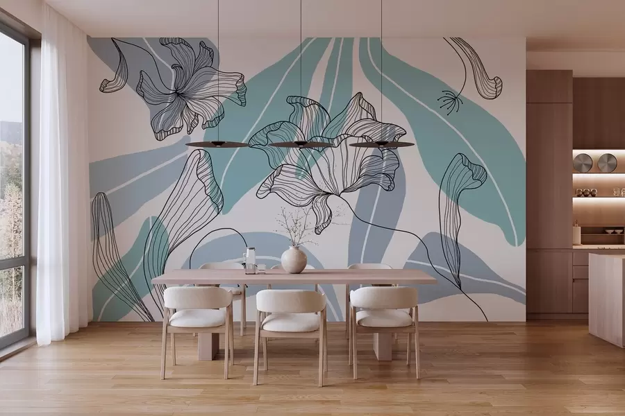 Carta da parati Floreale foglie e fiori astratti nei toni del blu n. w04499v2