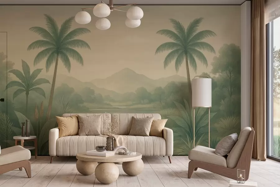 Carta da parati nature paesaggio tropicale con palme e un fiume 