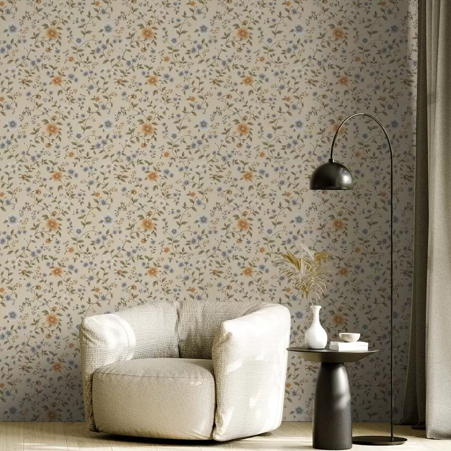 carta da parati Rami fioriti con fiori blu e pesca nr. a00575